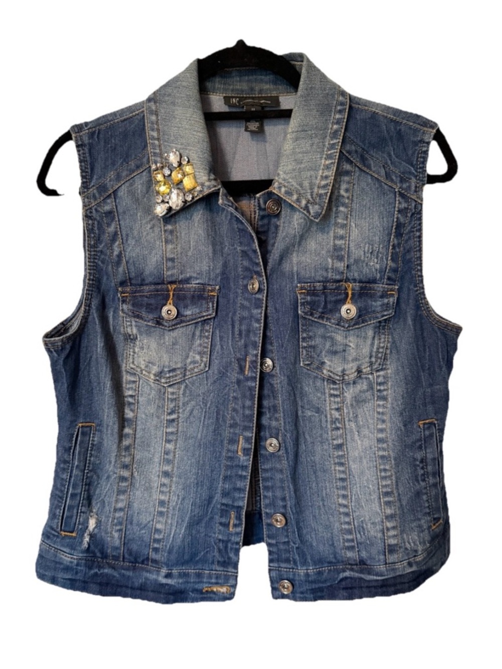 INC International Concepts Distressed Denim Vest Yellow Crystal Embellishment M